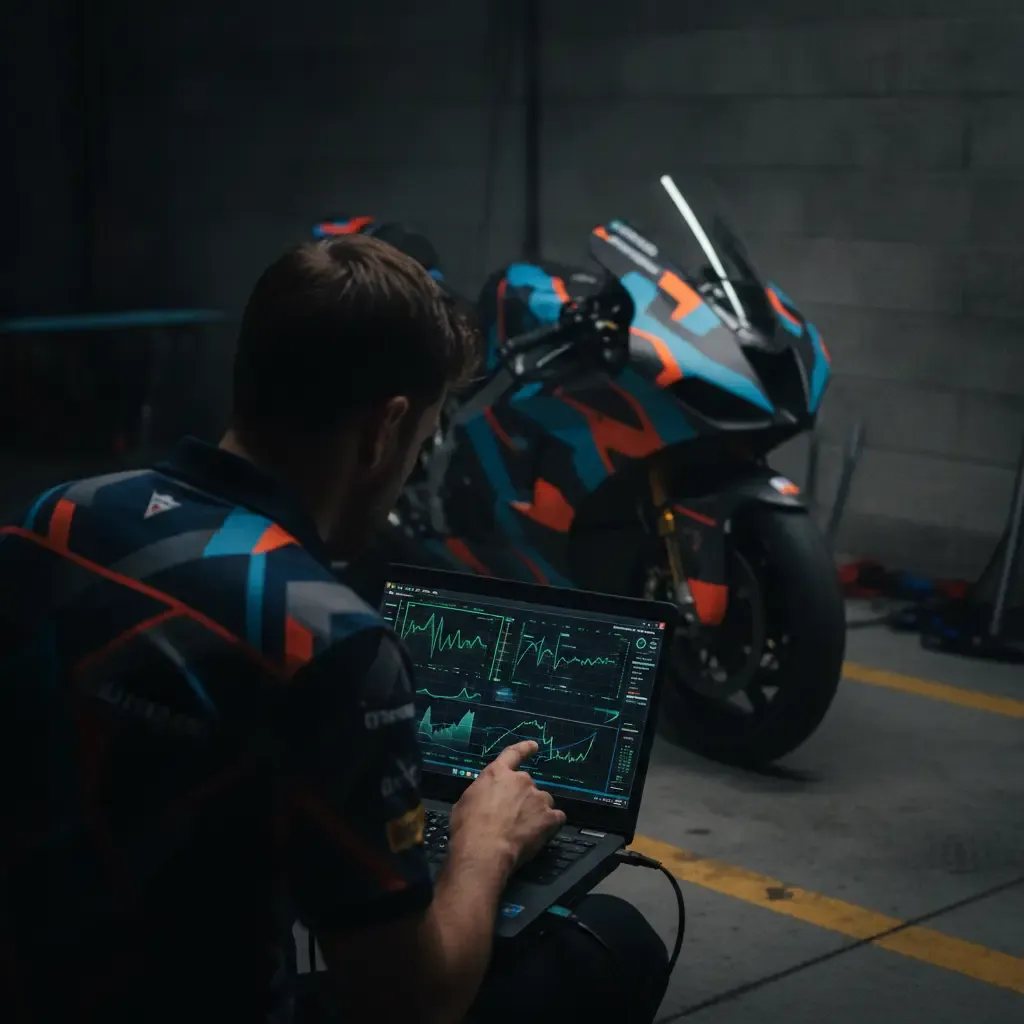 A race engineer studies performance data on a laptop in the pit garage, preparing for a race at a new circuit.