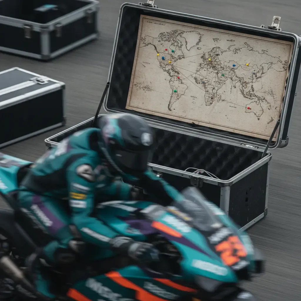 A world map with pins showing the global locations of MotoGP races, illustrating the world championship's reach.