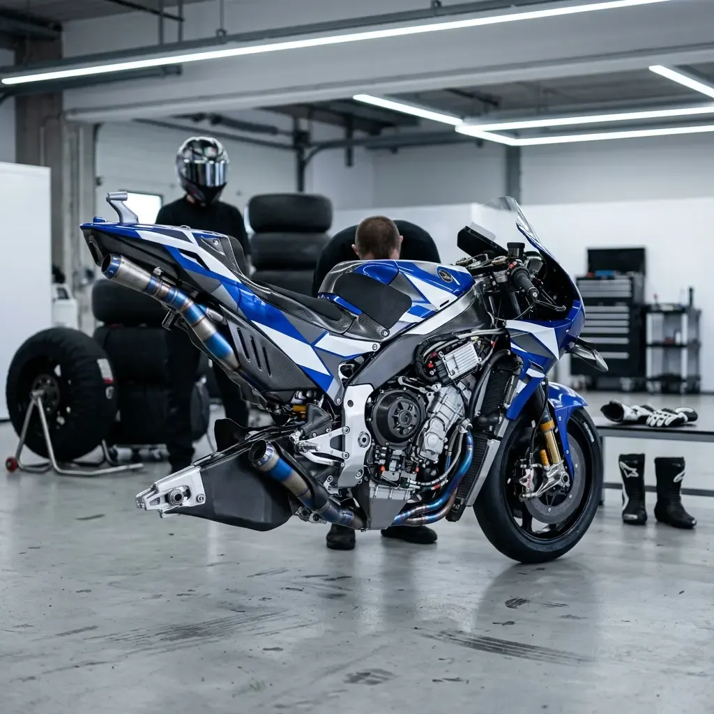 An atmospheric, quiet moment inside a modern MotoGP garage at night. The main subject is a lone engineer in unbranded te