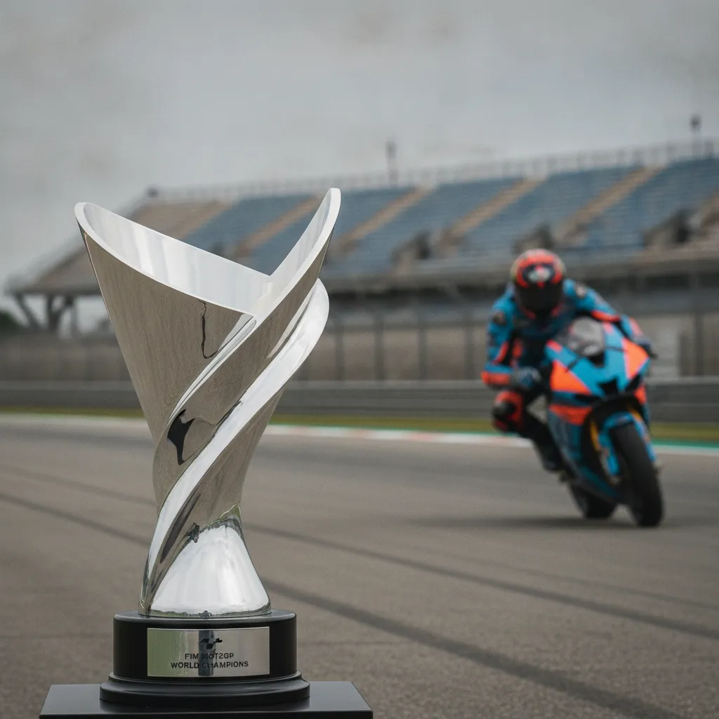 The MotoGP World Championship trophy displayed prominently with a race circuit blurred in the background.