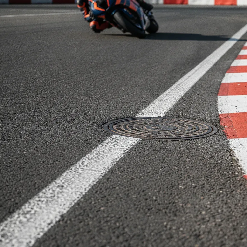 A close-up view of the track surface of a street circuit, showing the challenges of racing on public roads.