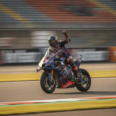 Ai Ogura celebrates as he crosses the finish line on his SuperFile Trackhouse MotoGP Team Aprilia to win the Dutch Grand Prix.
