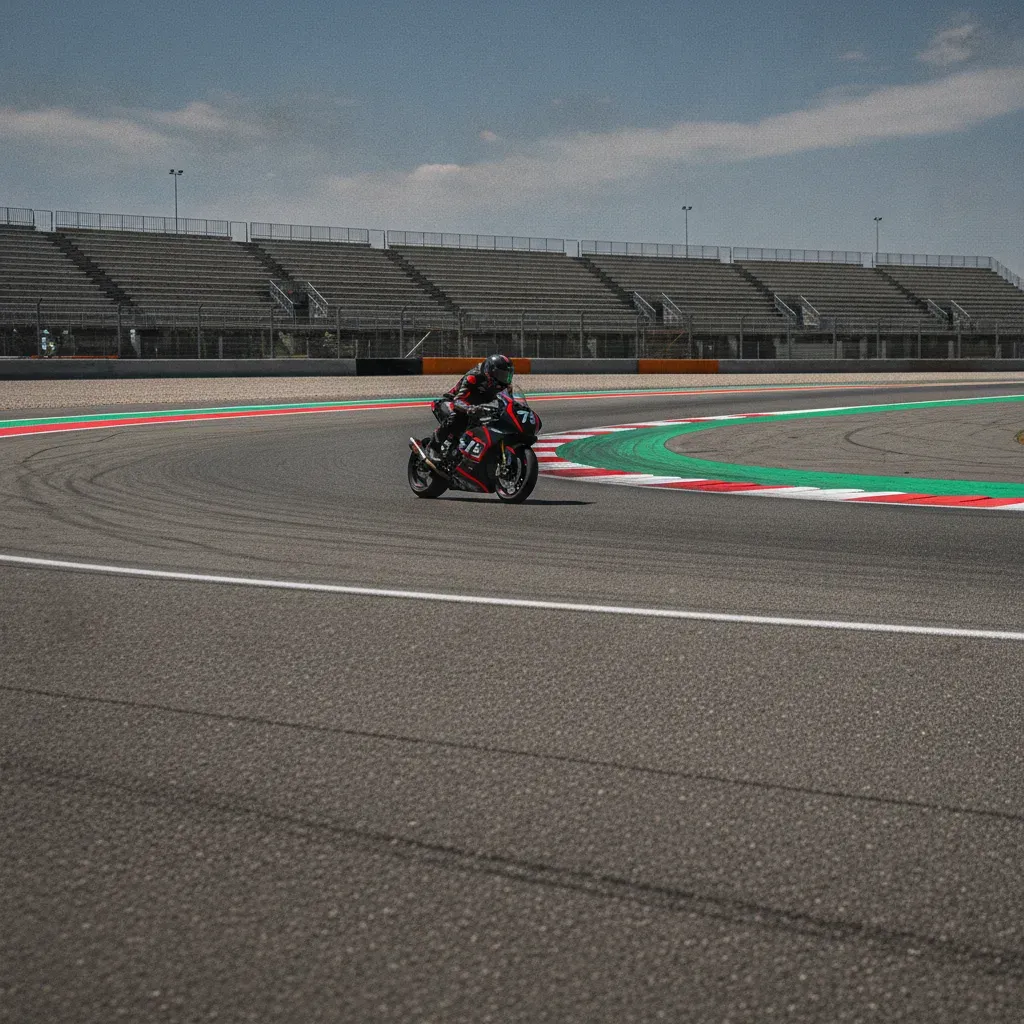 A wide view of the colourful kerbing and track layout of the Misano circuit, home of the San Marino Grand Prix.