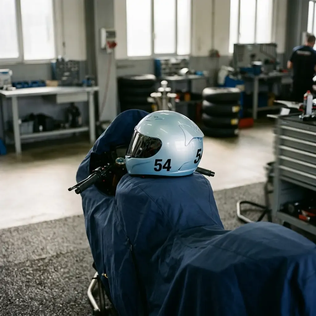 Illustration for our rider surgery story: a helmet resting on a covered bike in the garage