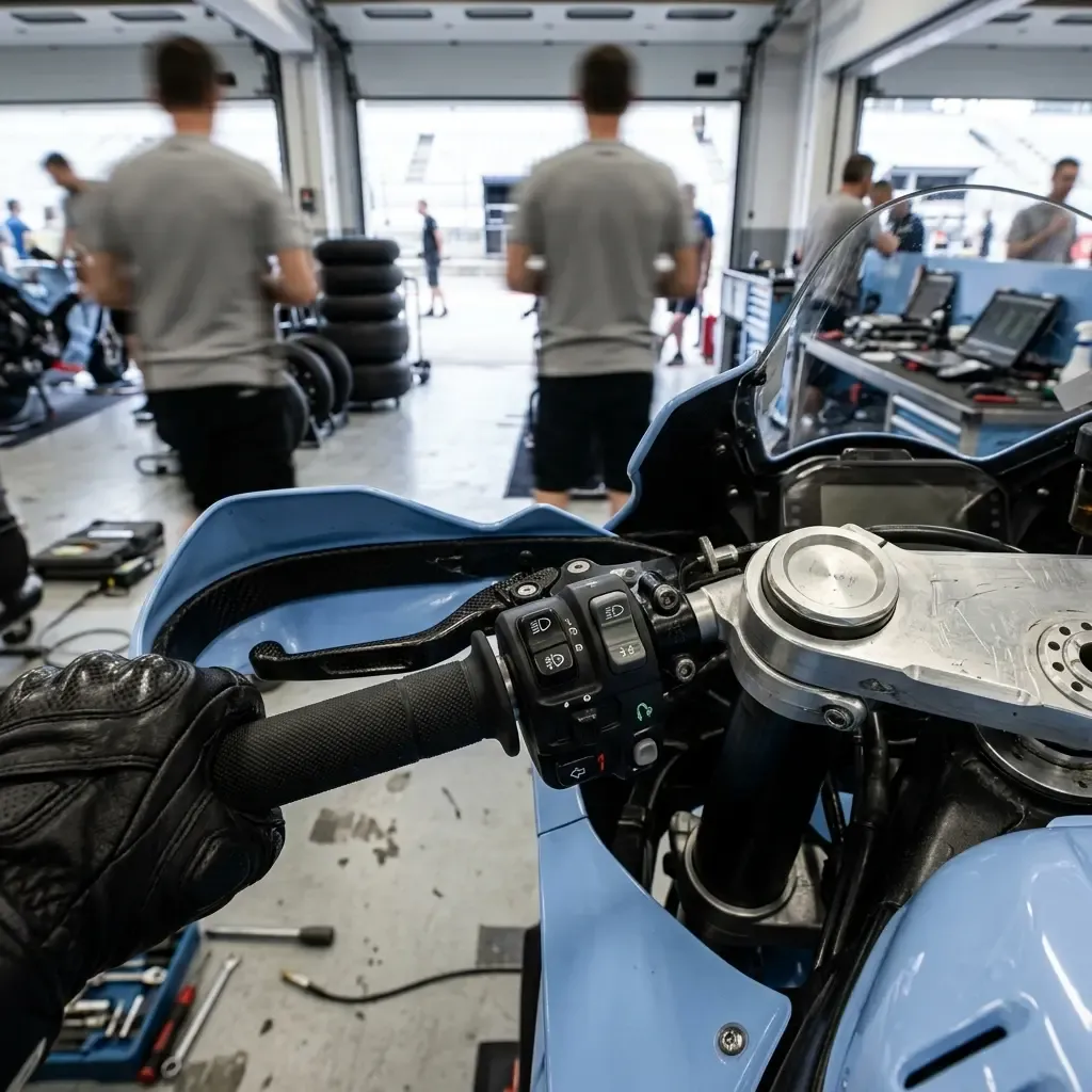 Illustration for our hand surgery recovery story: racing motorcycle handlebars and brake controls in a workshop