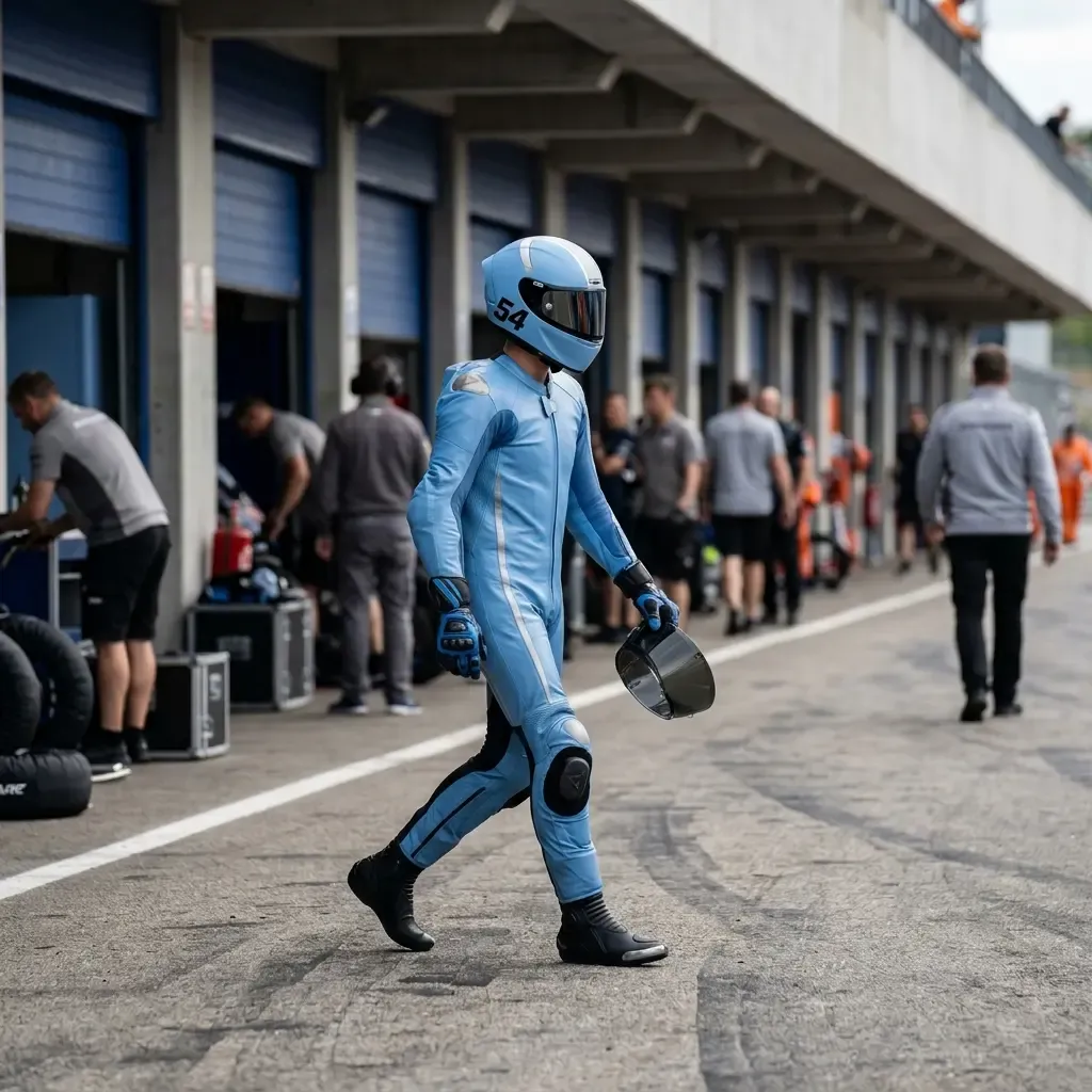 Illustration for our rider substitution story: a racing rider walking along the pit lane toward the garage