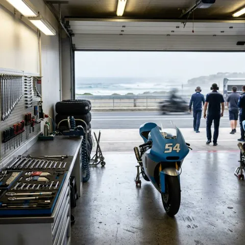 Illustration for our Australian GP rider replacement story: an empty garage bay with a motorcycle waiting on paddock stands