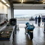 Illustration for our Australian GP rider replacement story: an empty garage bay with a motorcycle waiting on paddock stands