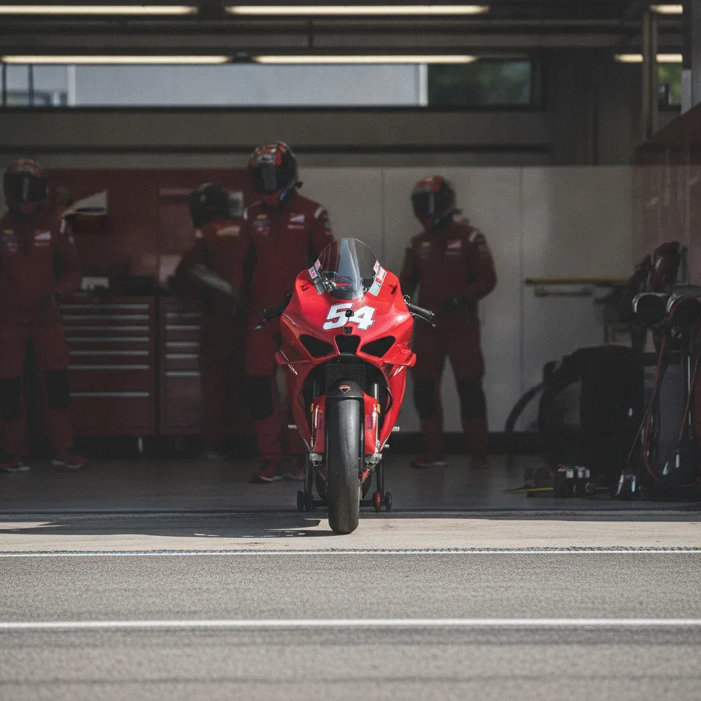 A BK8 Gresini Racing MotoGP Ducati bike standing ready in the team's garage.