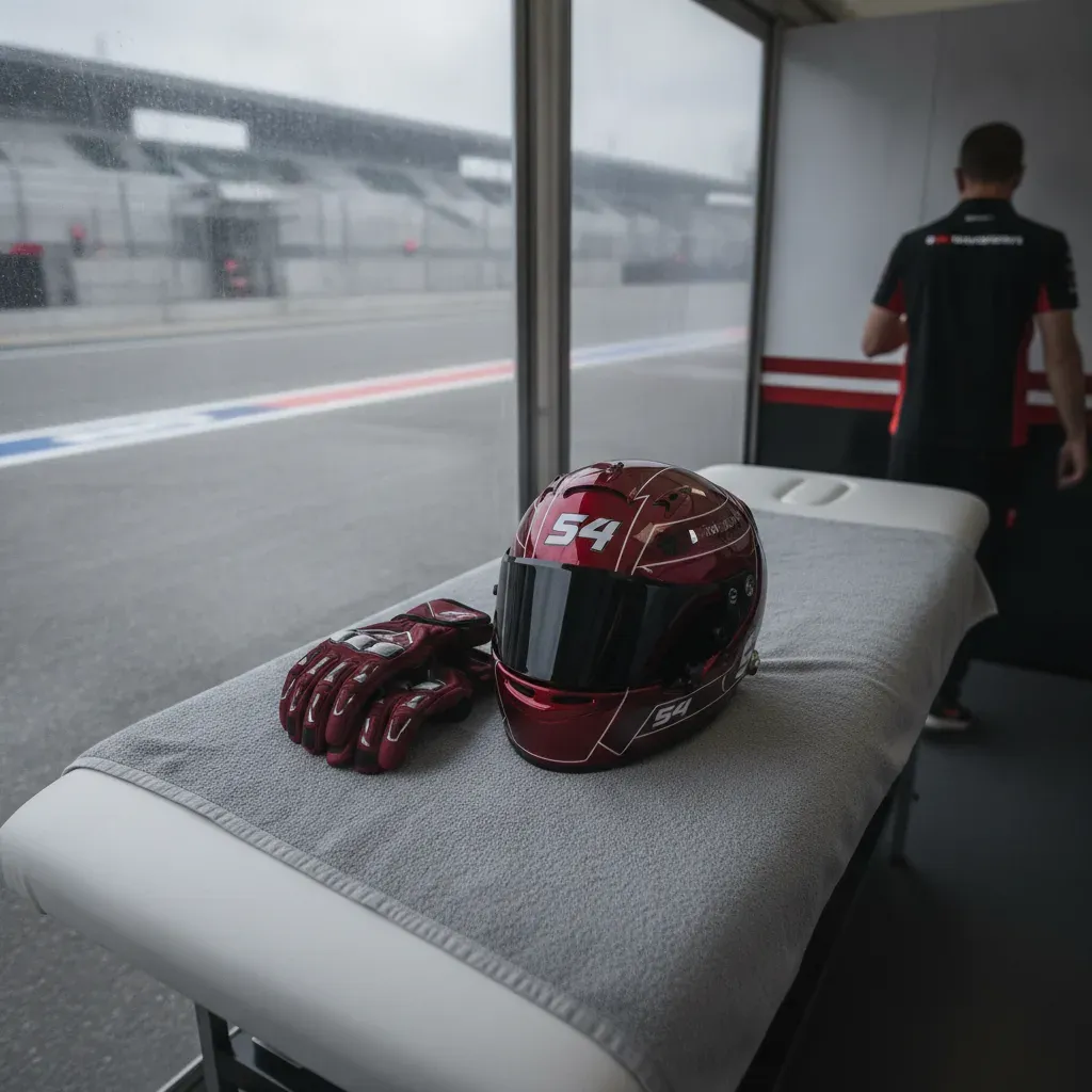 A racing helmet and gloves placed on a physio table, symbolising rider recovery and preparation.
