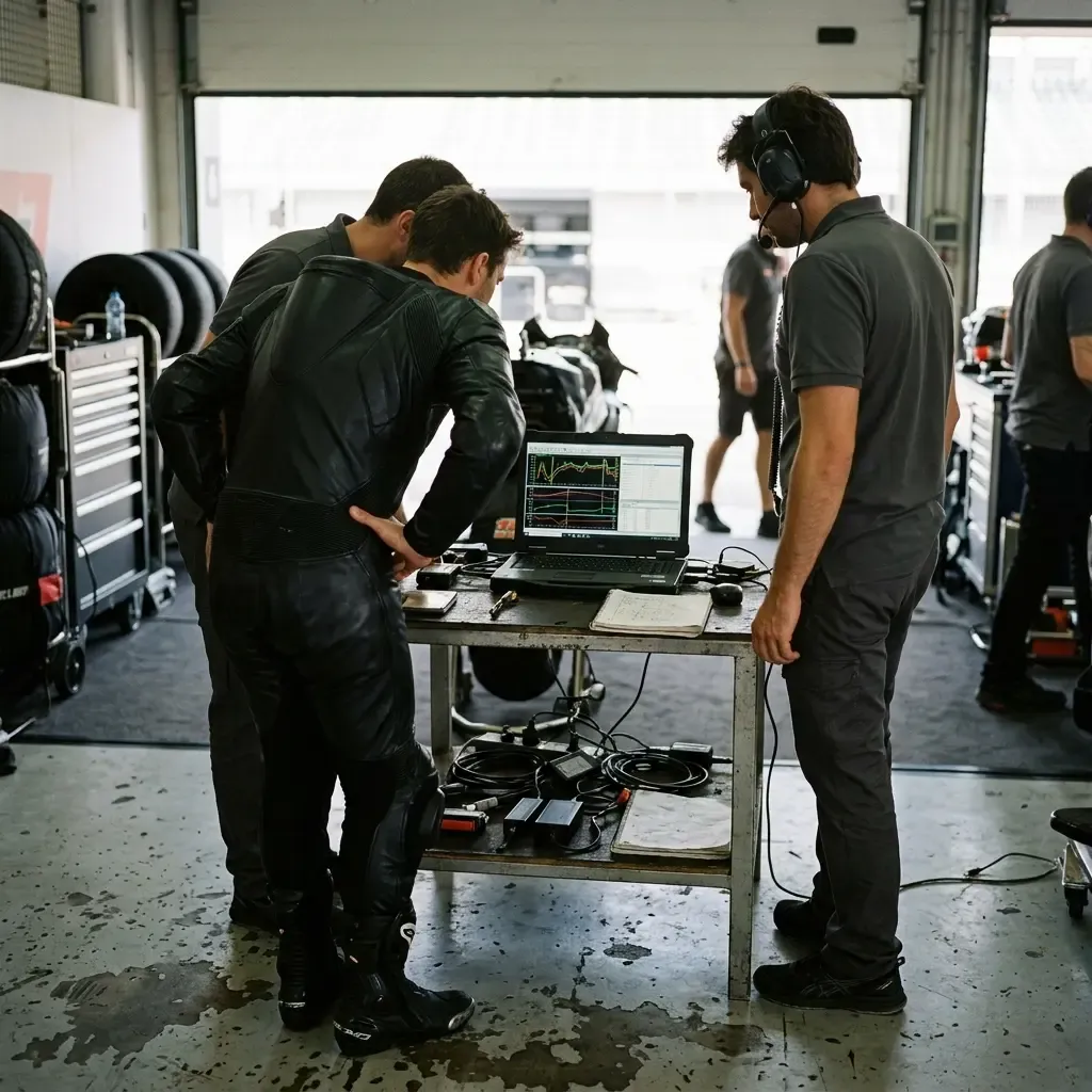 Illustration for our Honda story: a test rider and engineers look at data in a pit garage.