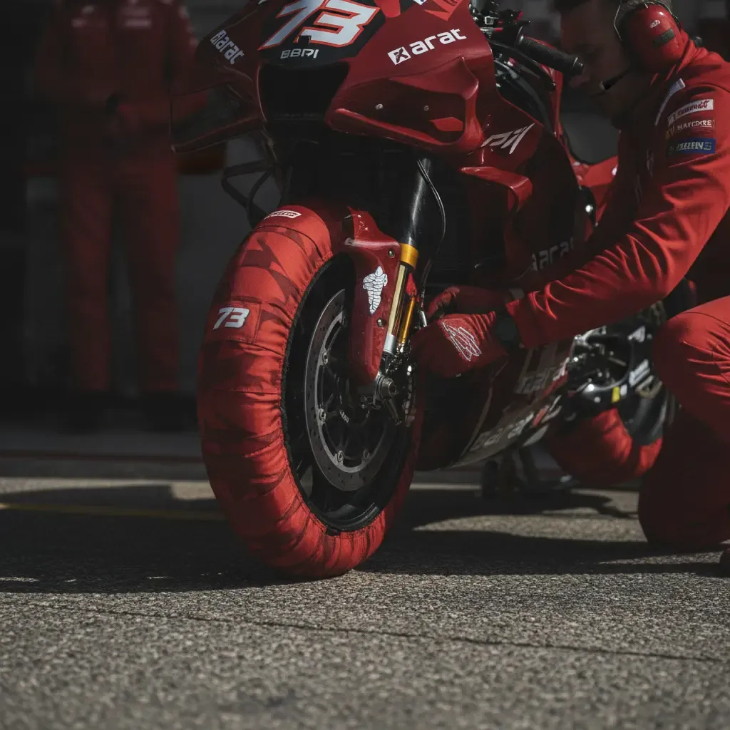 A close-up of a MotoGP bike in the pit lane, highlighting the preparation before a qualifying session.