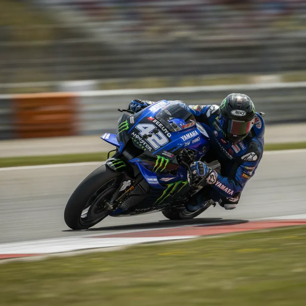 Monster Energy Yamaha rider Alex Rins cornering at speed on his MotoGP bike.