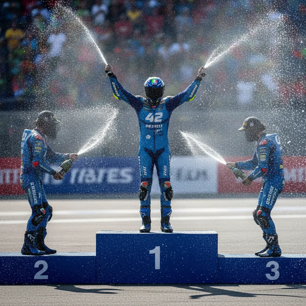 A MotoGP rider celebrates a race win on the podium.