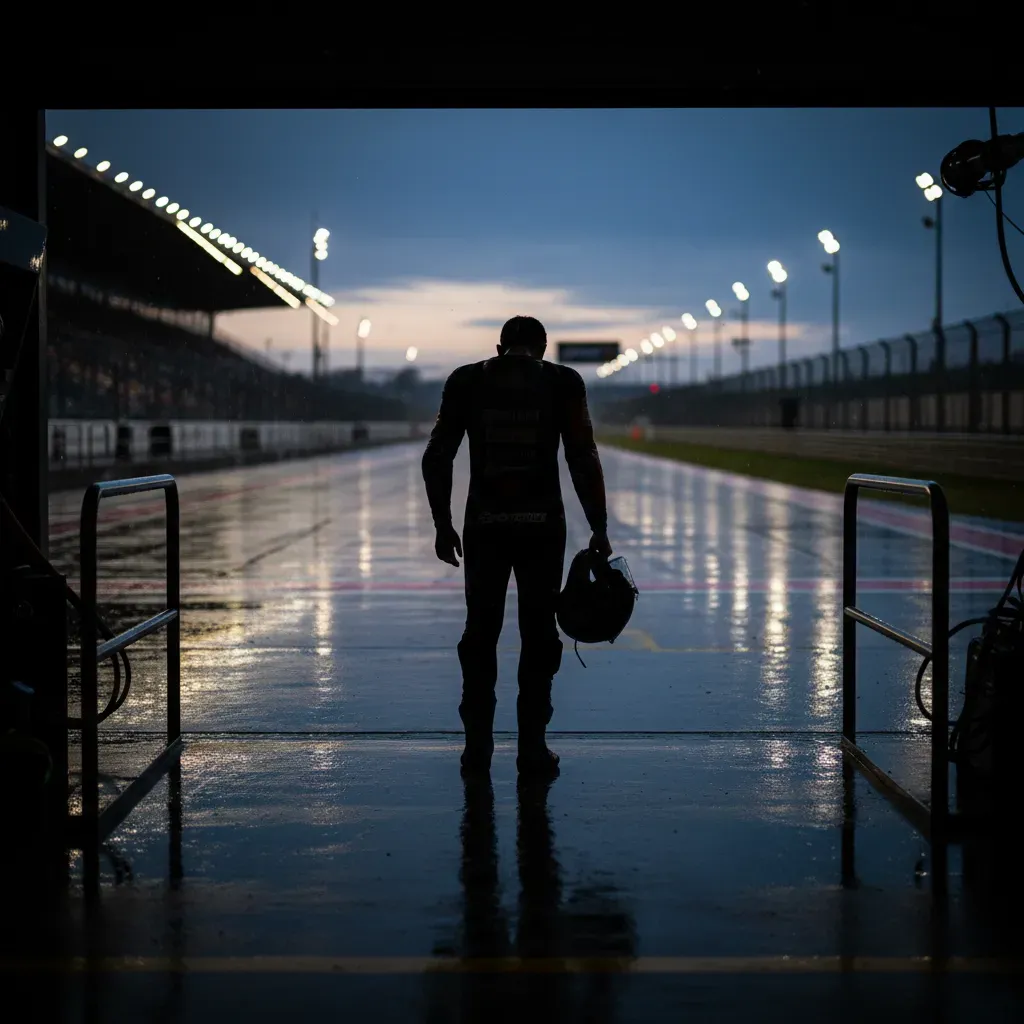 An evocative shot from behind the rider, looking out from the pit box onto a rain-soaked track at dusk. The rider, helme