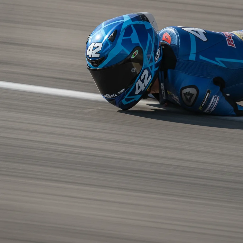 A close-up view of a MotoGP rider showing the physical exertion and concentration required to race.
