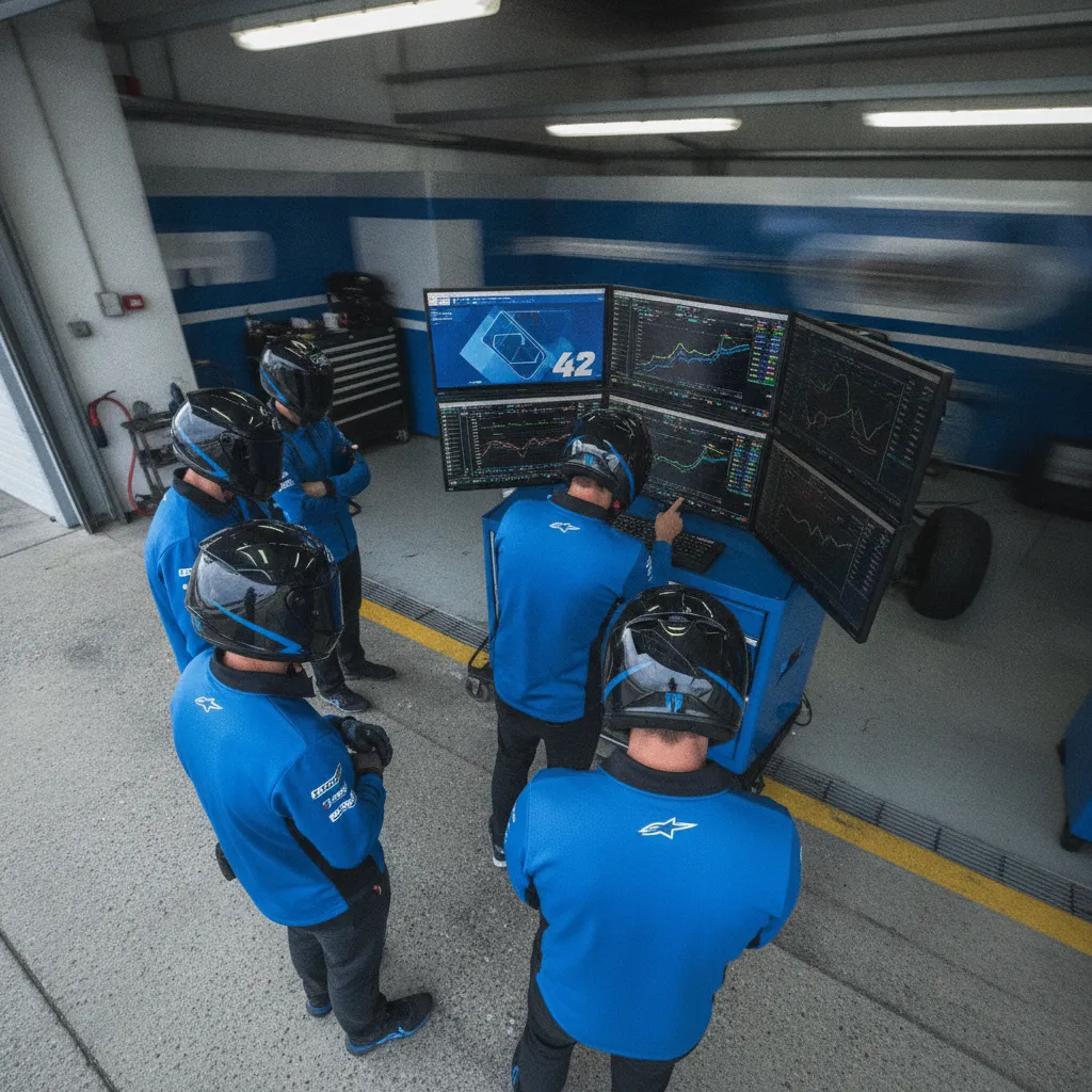 The Monster Energy Yamaha team monitoring data from the pit wall garage during a Grand Prix.