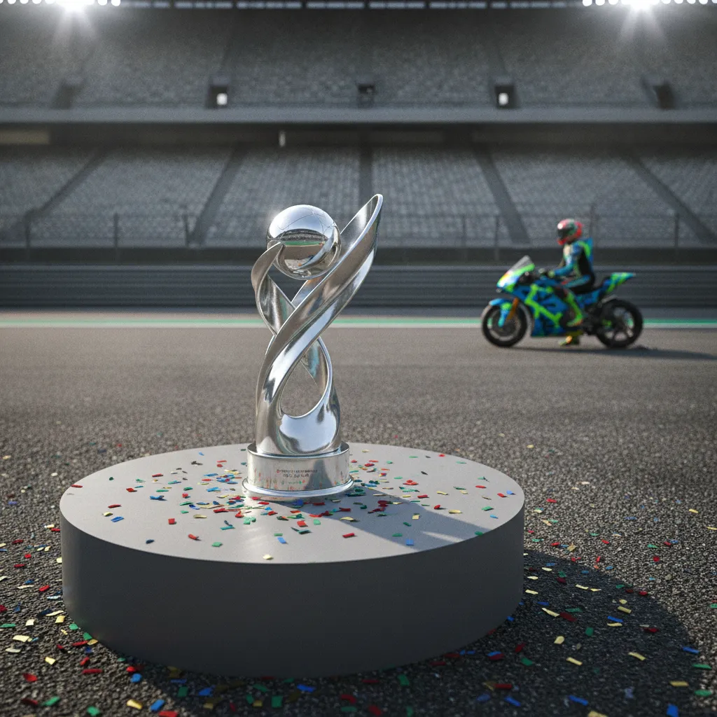 The MotoGP World Championship trophy displayed on a podium after a race celebration.