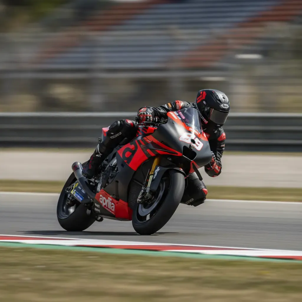 Jorge Martin cornering at speed on his Aprilia Racing motorcycle during a MotoGP race.
