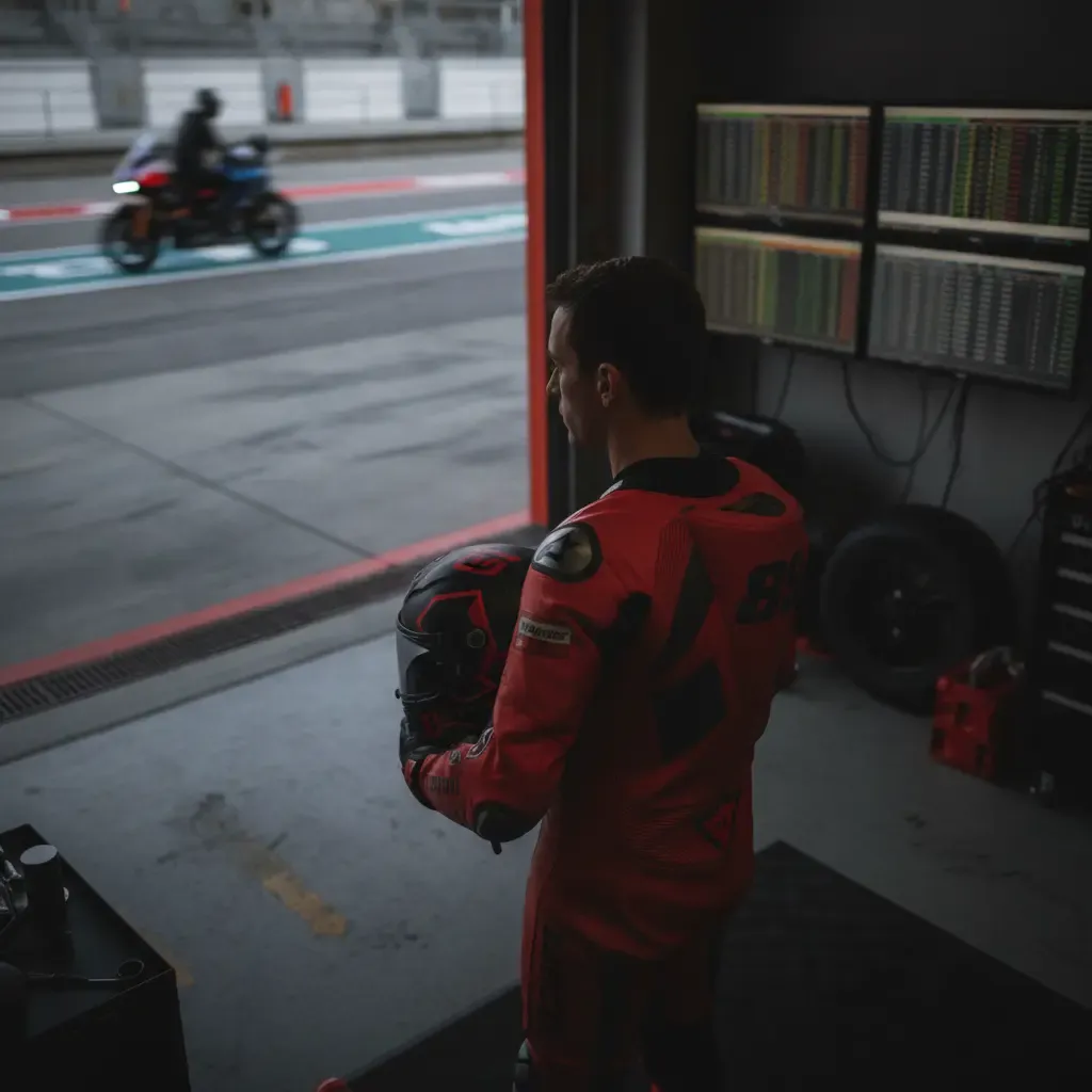 Marc Marquez of the Ducati Lenovo Team watches the timing screens from his pit garage.