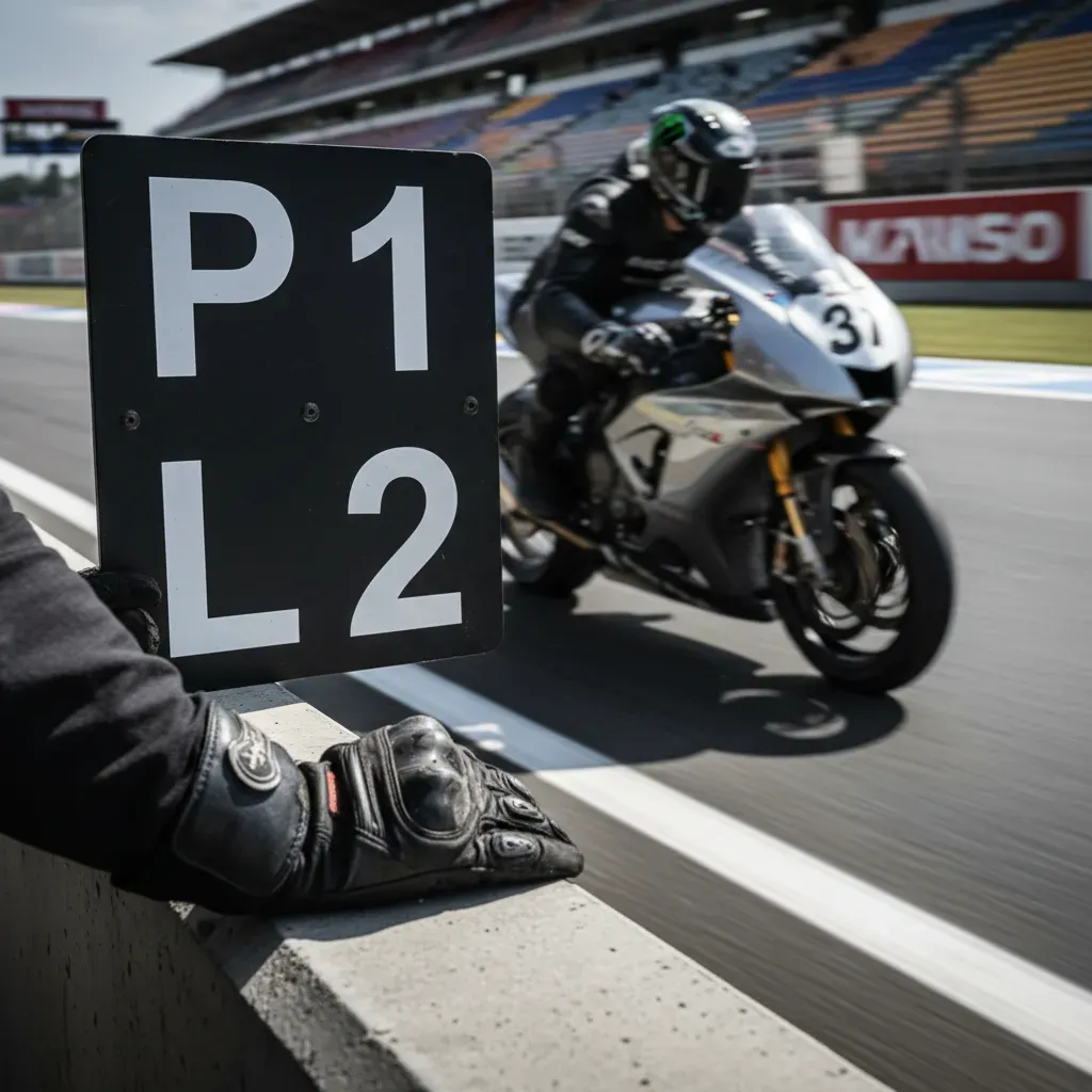 A close-up, track-level shot focusing on a pit board being held over the pit wall. The board has simple, bold white text
