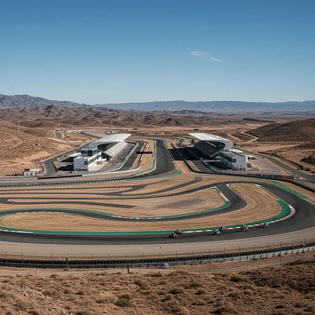 A wide, panoramic shot of the MotorLand Aragón circuit nestled in the rugged, semi-desert landscape of Teruel, Spain. Th