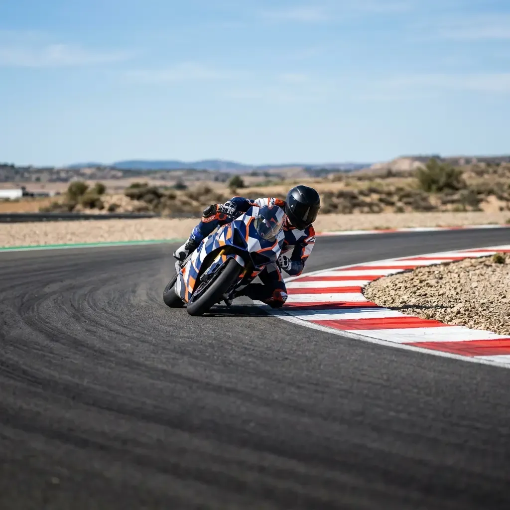 A wide, panoramic shot of the MotorLand Aragón circuit nestled in the rugged, semi-desert landscape of Teruel, Spain. Th