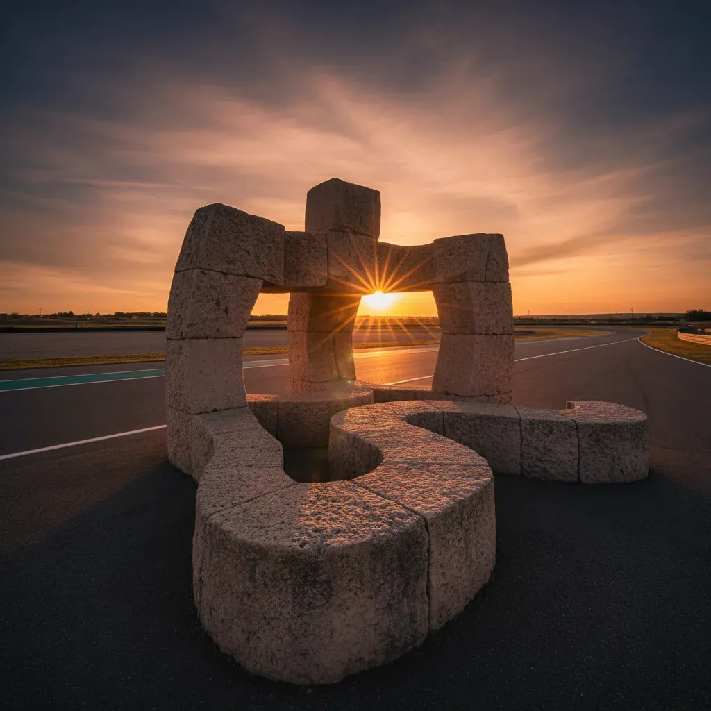 An atmospheric shot of the distinctive stone wall feature designed by sculptor Juan Ripollés at the entrance to the Moto