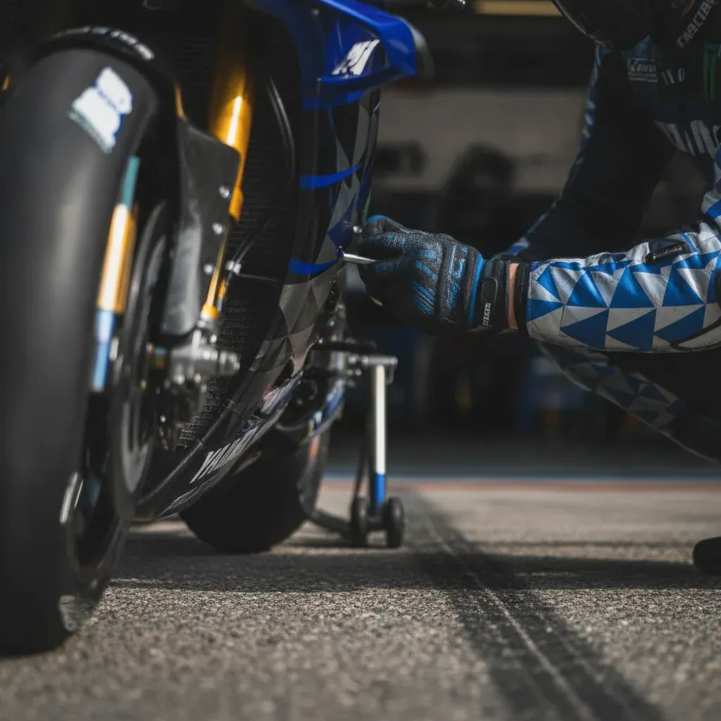 A close-up view of a mechanic making adjustments to the front end of a Yamaha MotoGP prototype.