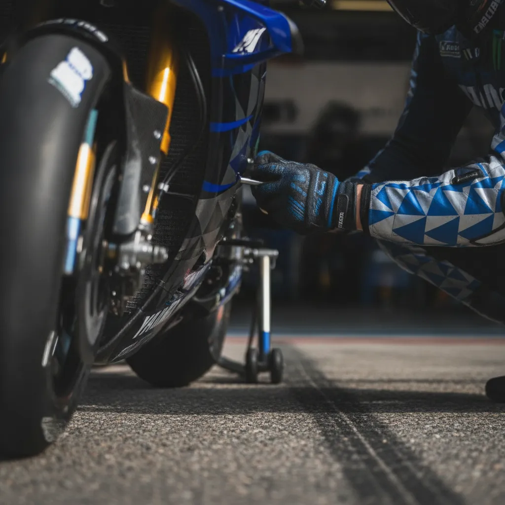 A close-up view of a mechanic making adjustments to the front end of a Yamaha MotoGP prototype.
