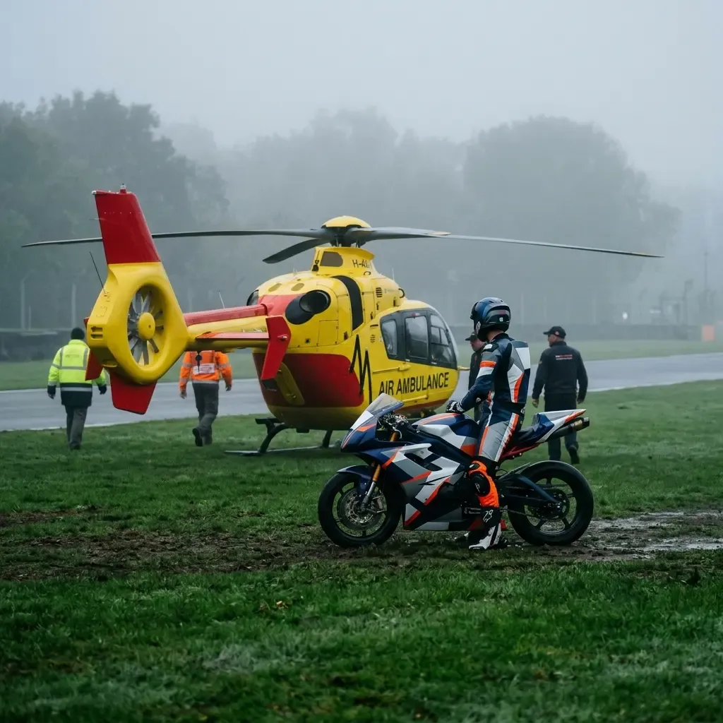 Illustration for our Australian GP cancellation story: an emergency medical helicopter grounded on a misty landing pad beside a circuit.