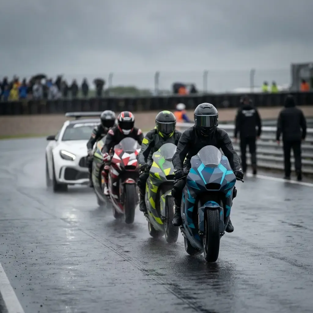Illustration for our Australian GP cancellation story: racing motorbikes following the official safety car during a slow parade lap.