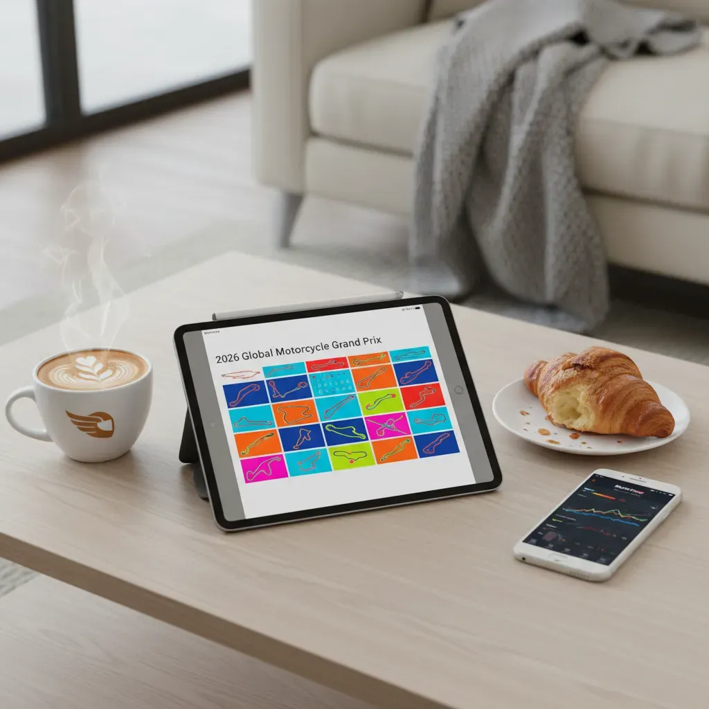 A bright and airy top-down photo of a coffee table on a Sunday morning. A tablet displays the colourful 2026 MotoGP race