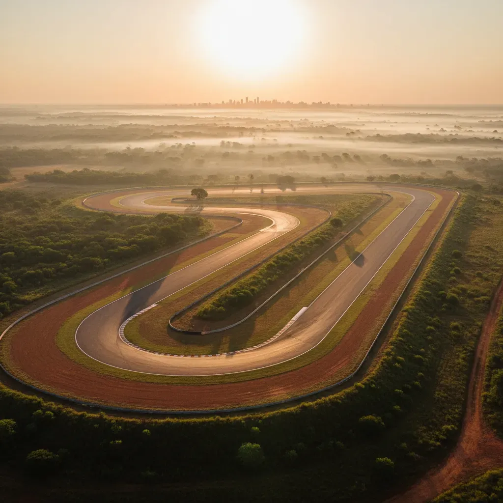 An aerial drone shot capturing the Autódromo Internacional de Goiânia at sunrise. The simple, fast track layout is clear