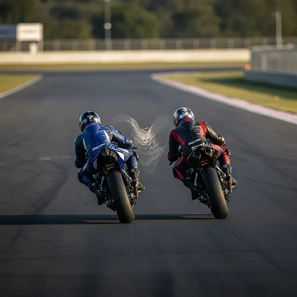 A telephoto lens shot looking straight down the long back straight at Goiânia. Two motorcycles, with generic liveries, a