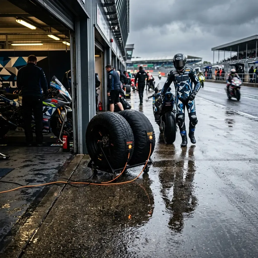 An atmospheric, moody shot of a solitary racing bike on a cool-down lap after a race at Brno. The sun is setting, castin