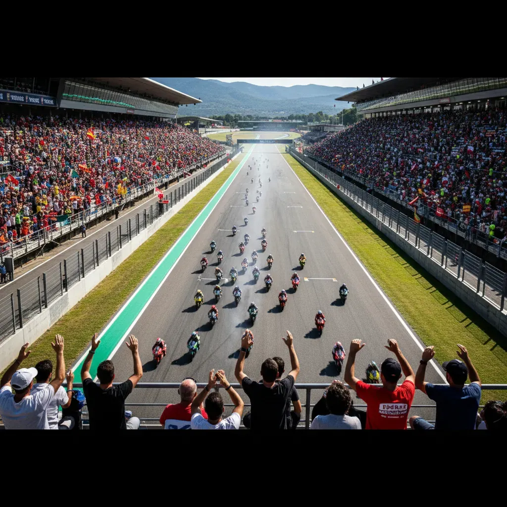 A wide panoramic shot from high in the main grandstand at the Circuit de Barcelona-Catalunya. Below, a pack of anonymous