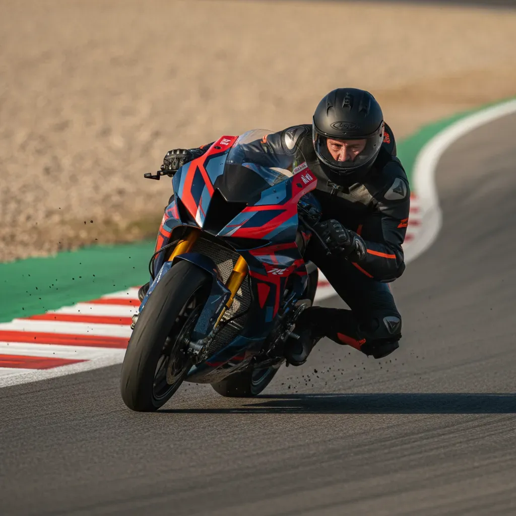 A tight, ground-level action shot capturing a motorcycle leaned impossibly far over through the long, sweeping Turn 3 at