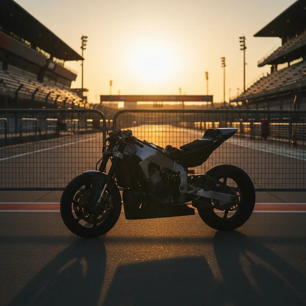 An atmospheric shot as the sun sets over the Circuit de Barcelona-Catalunya. A lone, unbranded motorcycle sits in parc f