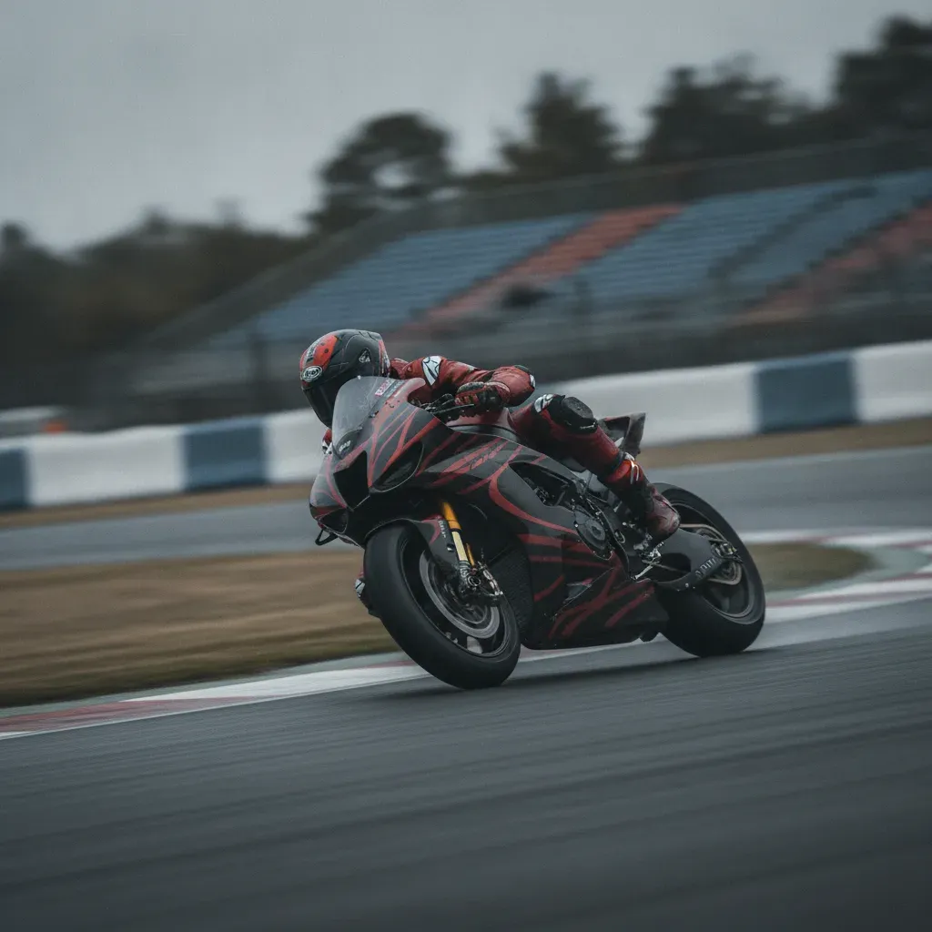 A rider on a red and black MotoGP race bike leans at a low angle through a fast turn.