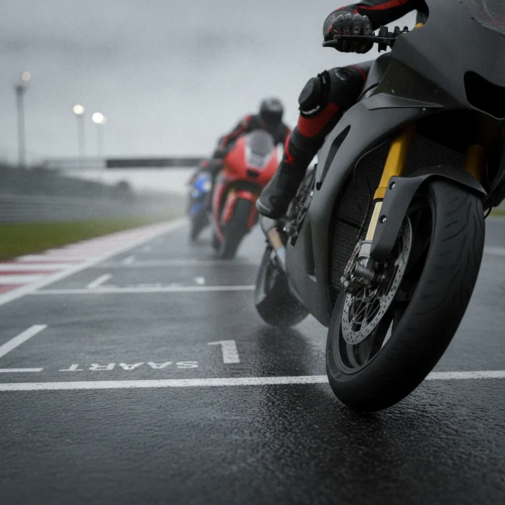 An empty space is visible on the starting grid of a MotoGP race, where a bike is missing.