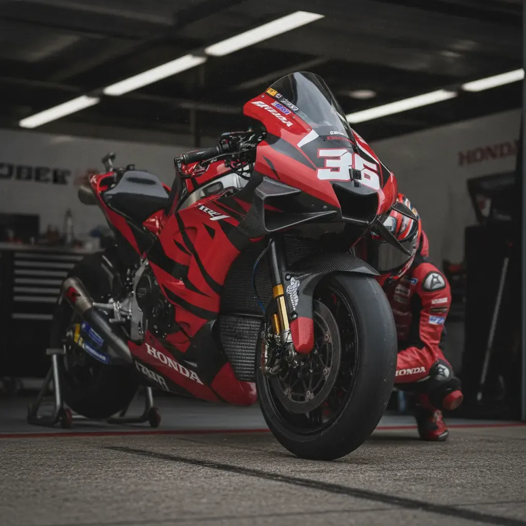 A close-up of the Honda RC213V MotoGP bike, highlighting the complex technology Somkiat Chantra will be riding.