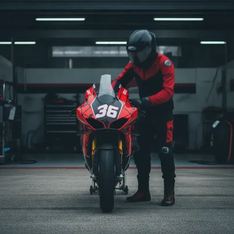 An empty Honda HRC pit garage with a mechanic preparing a bike, symbolising Joan Mir's absence and the preparation for his substitute.