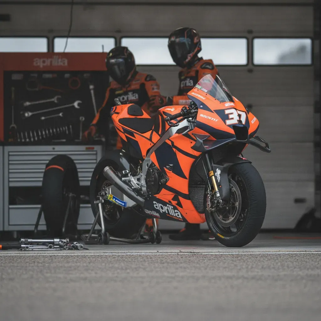 A team of mechanics working on a complex MotoGP race bike inside a factory team's pit garage.