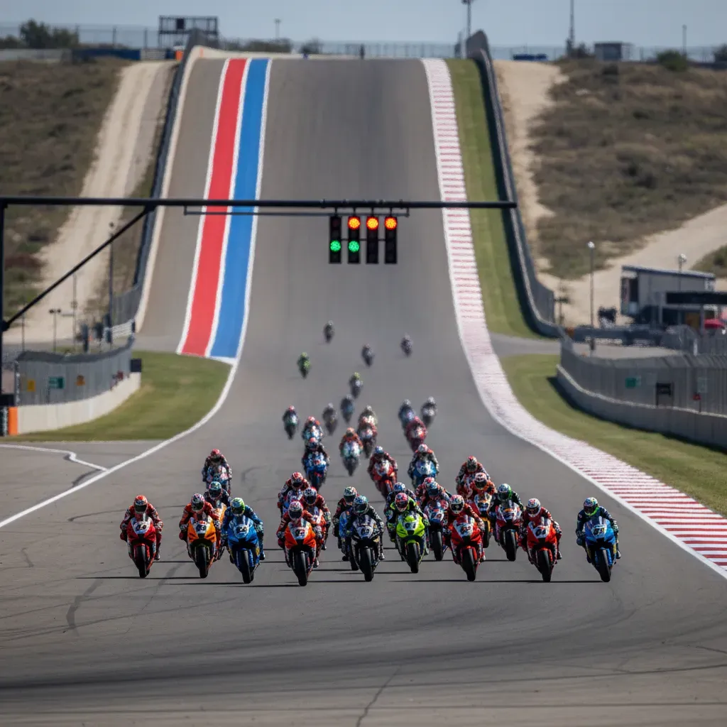 A wide shot from the main grandstand at COTA, looking down the start-finish straight towards the massive, steep climb of