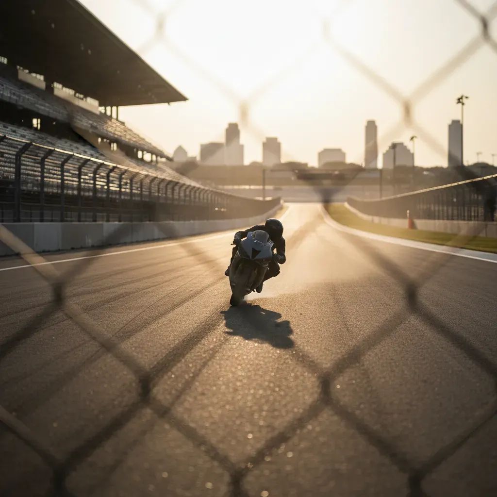 An atmospheric shot from behind the catch fencing at the end of COTA's long back straight. A lone, unbranded motorcycle