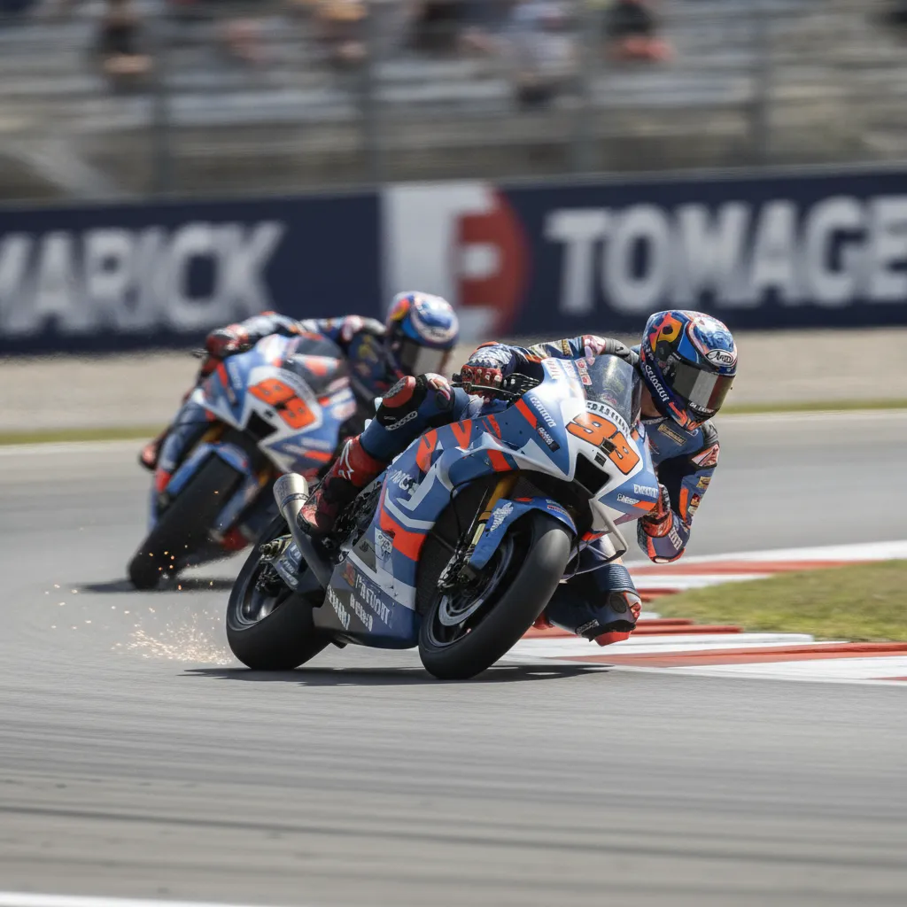 Two MotoGP riders locked in a close battle as they navigate a fast corner during a race.