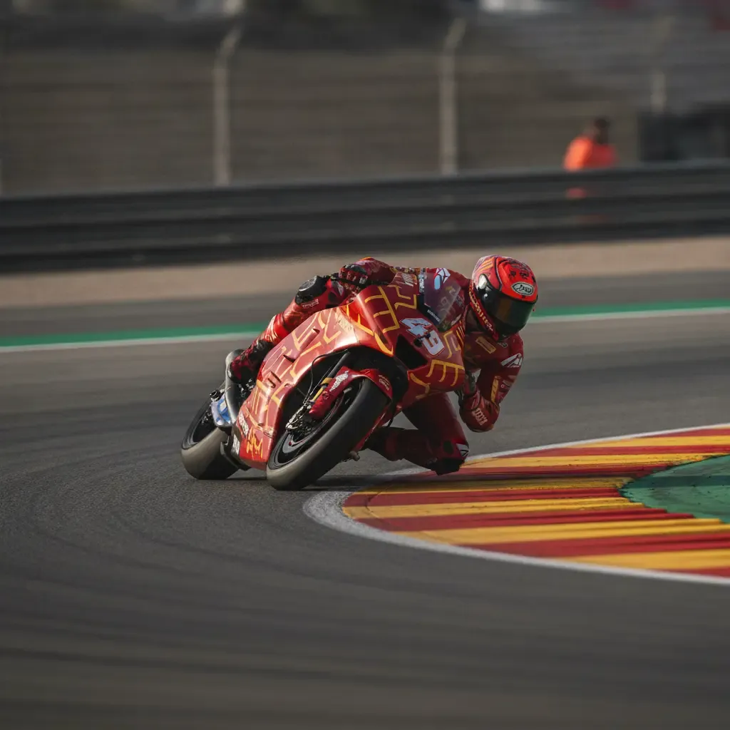 A Ducati MotoGP rider leans into a corner during a Grand Prix.