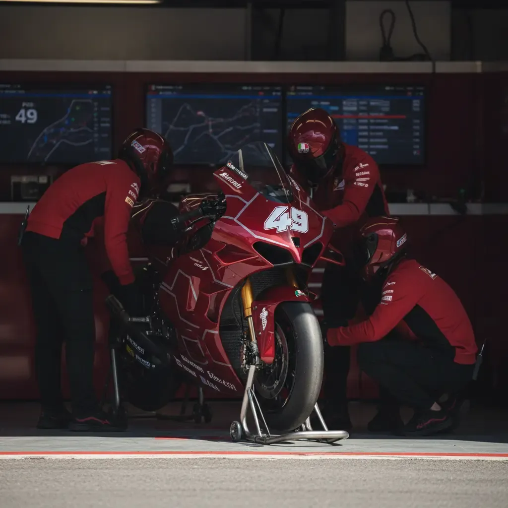 Mechanics prepare a Ducati MotoGP bike in a team garage.