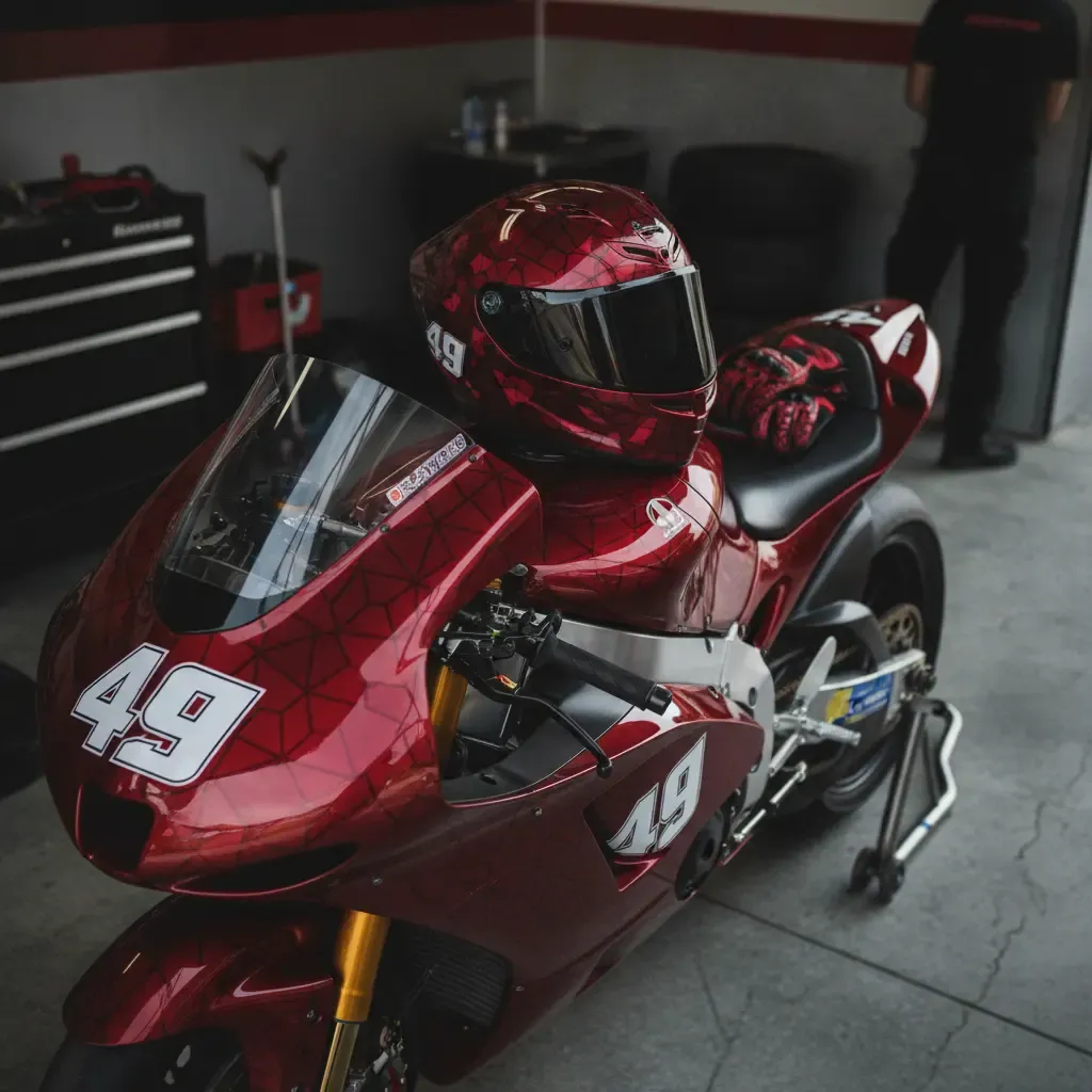 A rider's helmet and gloves rest in the garage before a race.